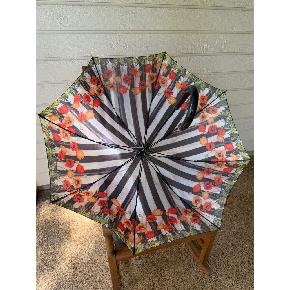 MacKenzie-Childs Flower Market Stick Umbrella Black White Floral w/ Logo Handle - Picture 2 of 7